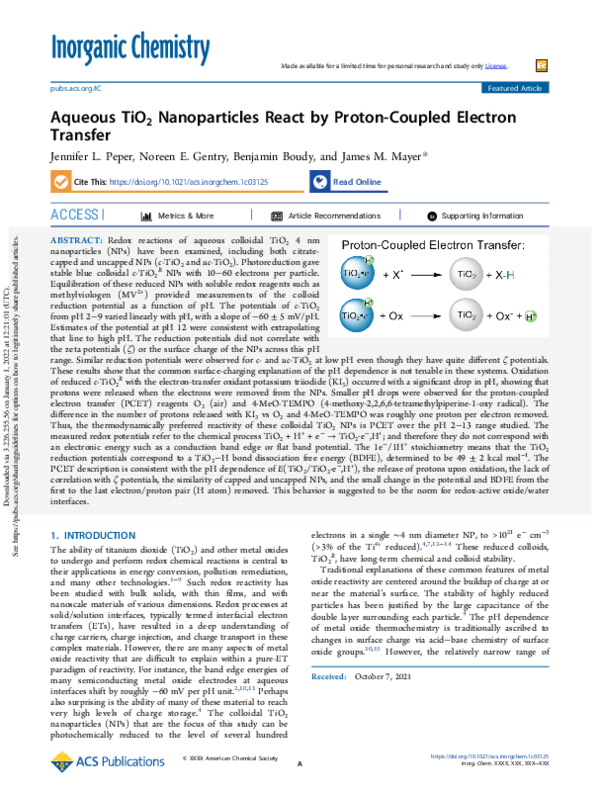 (PDF) Aqueous TiO2 Nanoparticles React by Proton-Coupled Electron Transfer