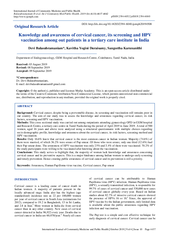(PDF) Knowledge and awareness of cervical cancer, its screening and HPV ...