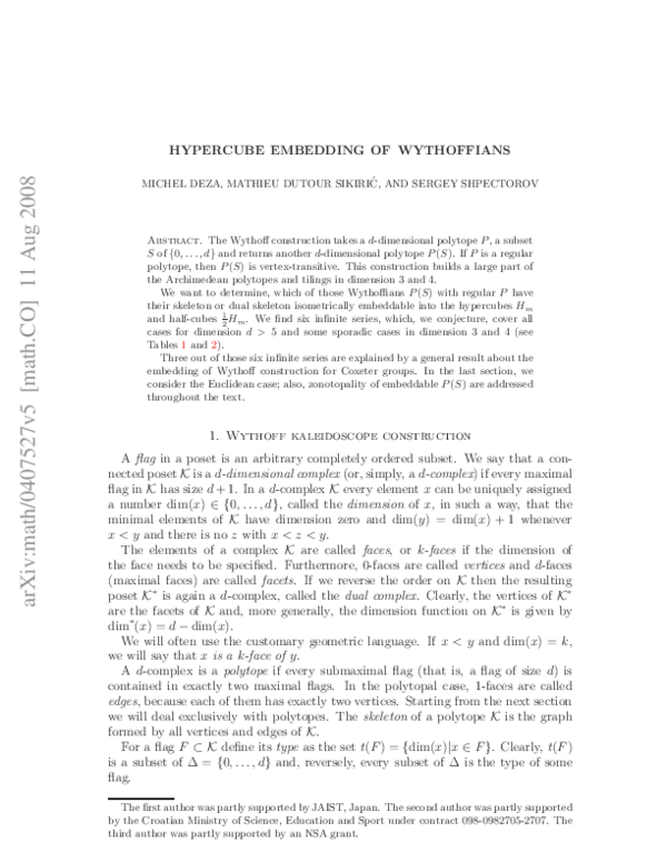 (PDF) A ug 2 00 7 Hypercube embedding of Wythoffians Michel DEZA