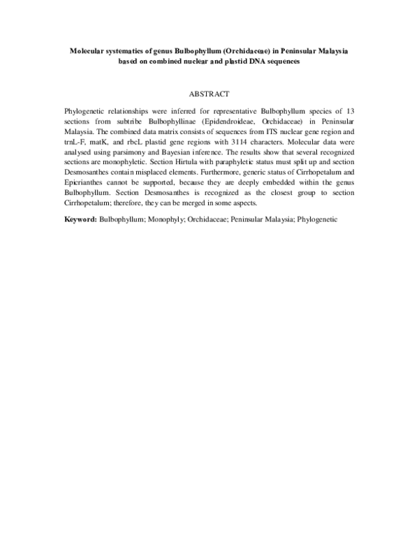 (PDF) Molecular systematics of genus Bulbophyllum (Orchidaceae) in ...