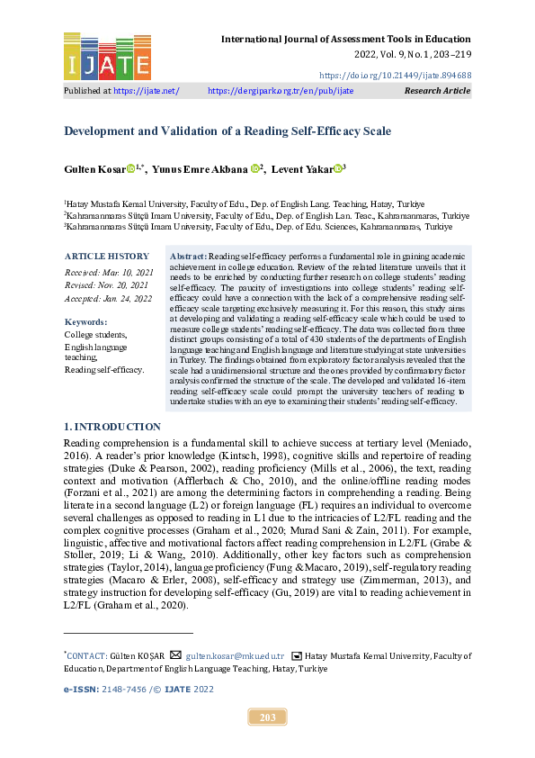 (PDF) Development and Validation of a Reading Self-Efficacy Scale