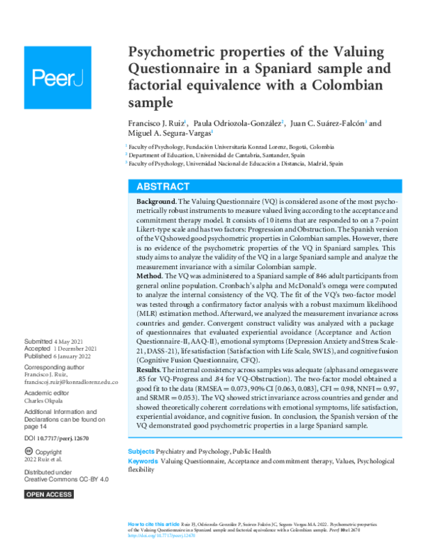 (PDF) Psychometric properties of the Valuing Questionnaire in a ...
