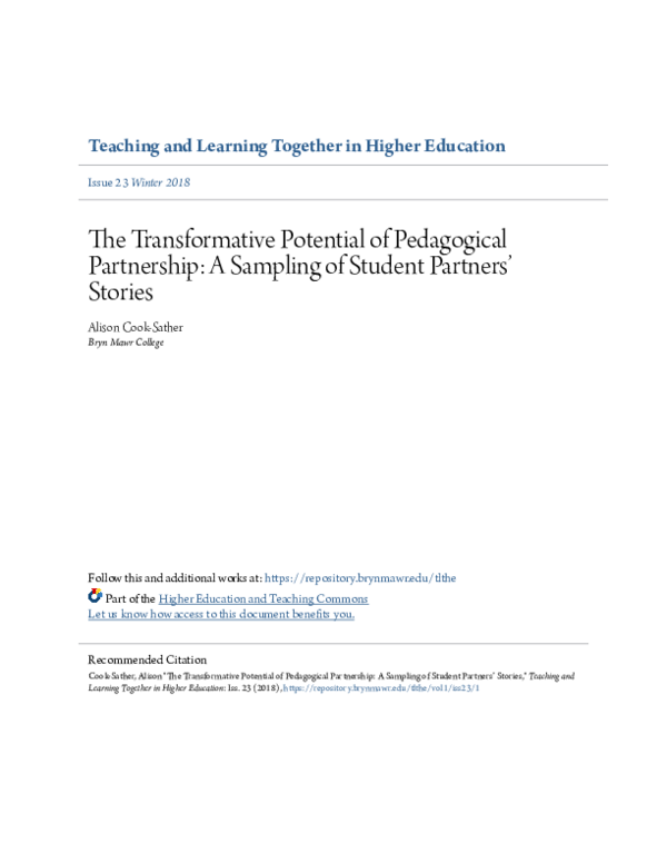 (PDF) The Transformative Potential of Pedagogical Partnership: A ...