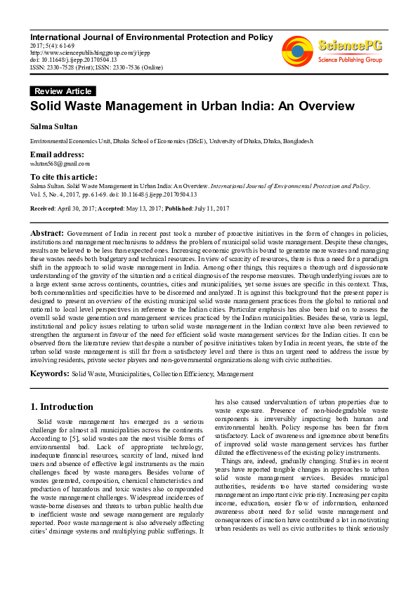 (PDF) Solid Waste Management in Urban India: An Overview