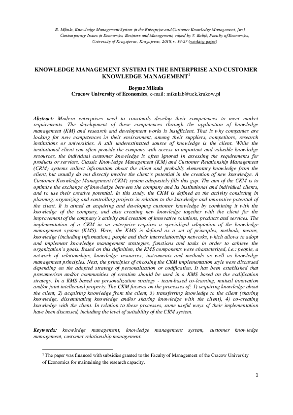 (PDF) Knowledge Management System in the Enterprise and Customer ...