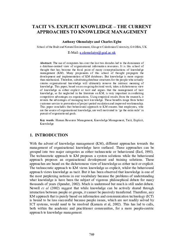 (PDF) Tacit vs. explicit knowledge - the current approaches to ...