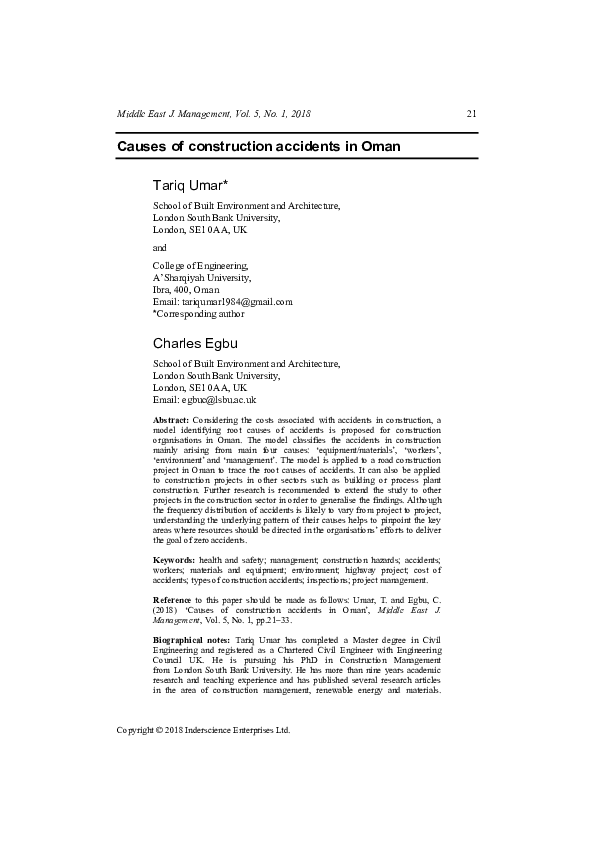 (PDF) Causes of construction accidents in Oman