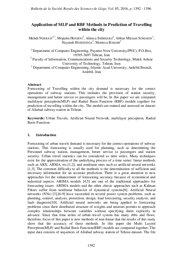 (PDF) Application of MLP and RBF Methods in Prediction of Travelling ...