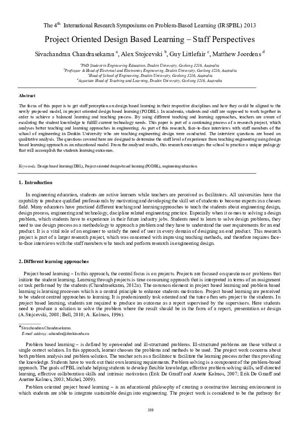 (PDF) Project oriented design based learning - staff perspectives