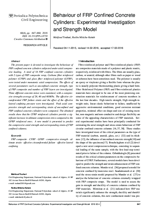 (PDF) Behaviour of FRP Confined Concrete Cylinders: Experimental ...