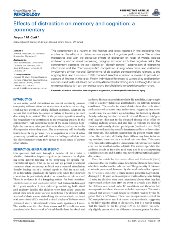 (PDF) Effects of distraction on memory and cognition: a commentary