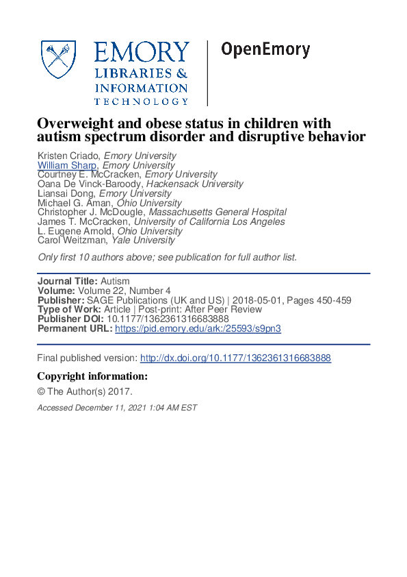 (PDF) Overweight and obese status in children with autism spectrum ...