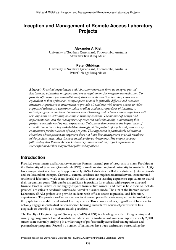 (PDF) Inception and Management of Remote Access Laboratory Projects