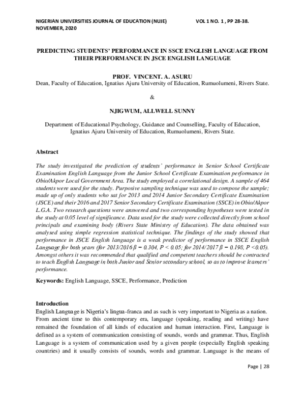 (PDF) PREDICTING STUDENTS' PERFORMANCE IN SSCE ENGLISH LANGUAGE FROM ...