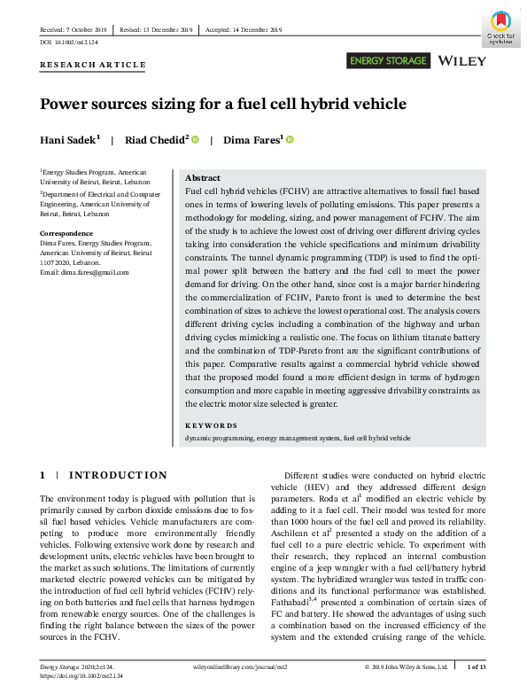 (PDF) Power sources sizing for a fuel cell hybrid vehicle