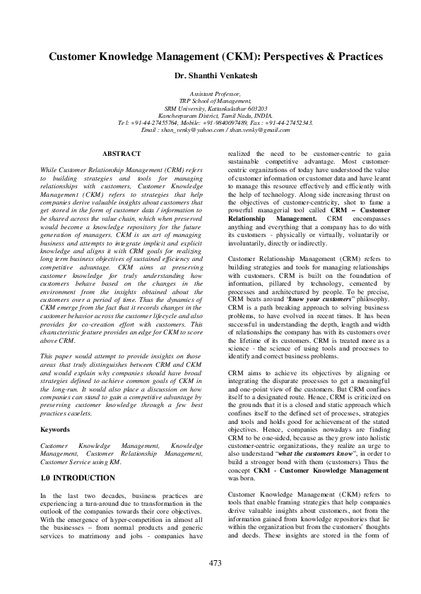 (PDF) Customer Knowledge Management (CKM): Perspectives & Practices
