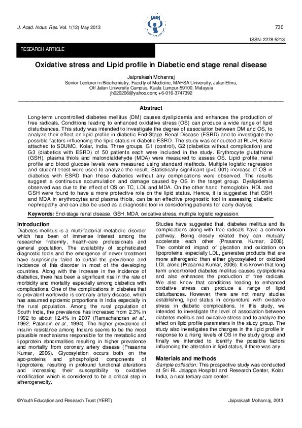 (PDF) Oxidative stress and Lipid profile in Diabetic end stage renal ...