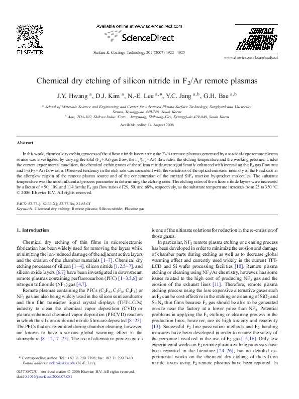 (PDF) Chemical dry etching of silicon nitride in F2/Ar remote plasmas