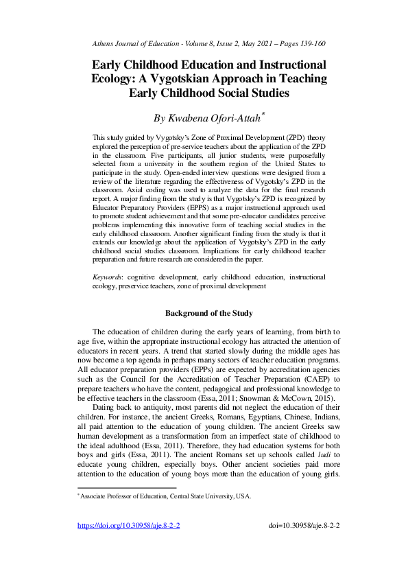 (PDF) Early Childhood Education and Instructional Ecology A Vygotskian