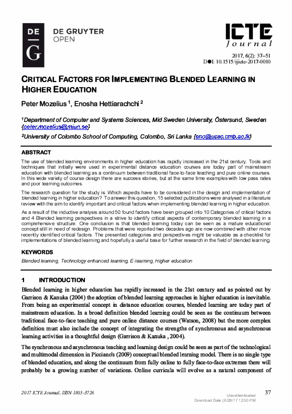 (PDF) Factors for Implementing Blended Learning in Higher Education