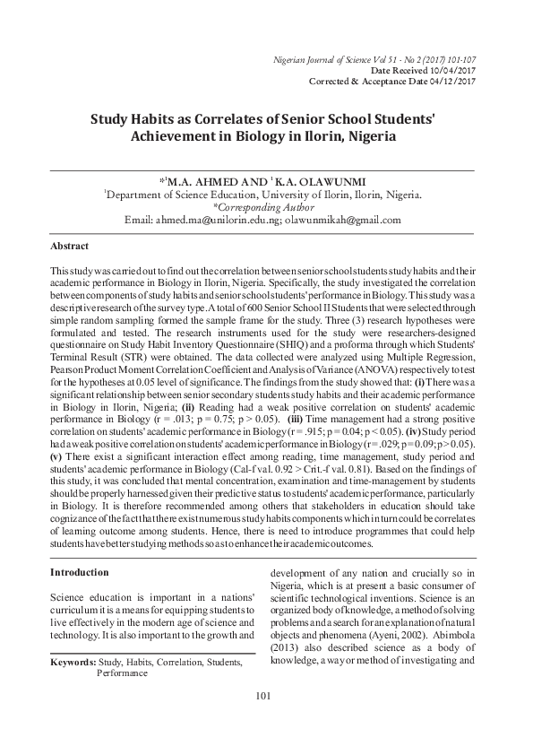 (PDF) Study Habits as Correlates of Senior School Students' Achievement ...
