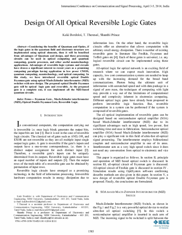 (PDF) Design of all optical reversible logic gates