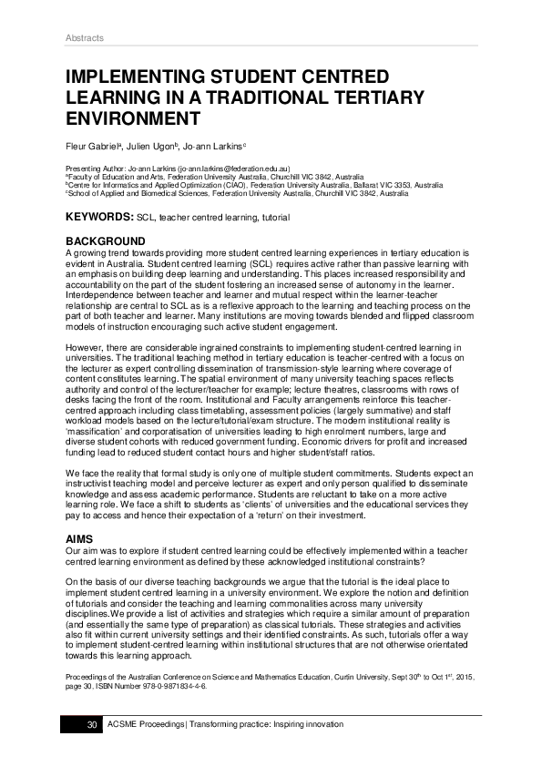 (PDF) Implementing student centred learning in a traditional tertiary ...