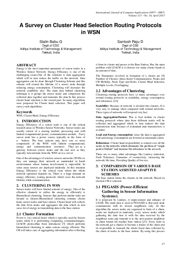 (PDF) A Survey on Cluster Head Selection Routing Protocols in WSN