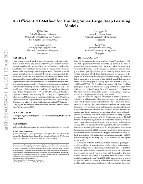 (PDF) An Efficient 2D Method for Training Super-Large Deep Learning Models
