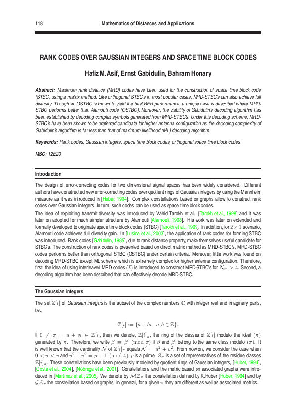(PDF) Rank codes over Gaussian integers and space time block codes