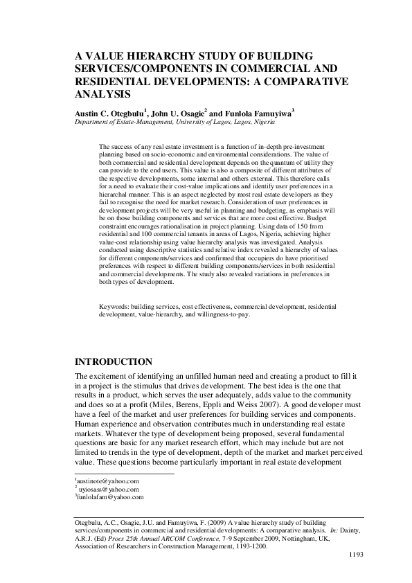 (PDF) A Value Hierarchy Study of Building Services / Components in ...