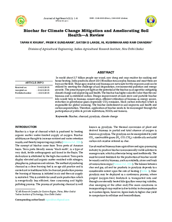 (PDF) Biochar for Climate Change Mitigation and Ameliorating Soil ...