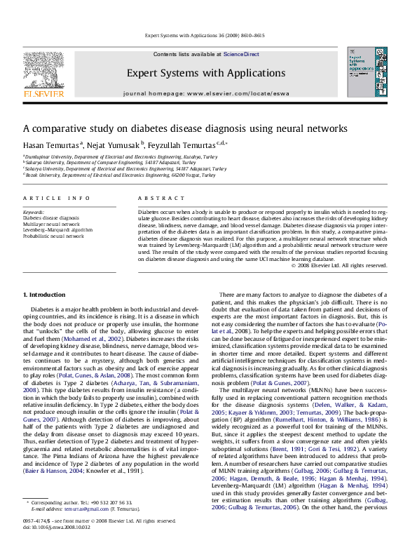 (PDF) A comparative study on diabetes disease diagnosis using neural ...