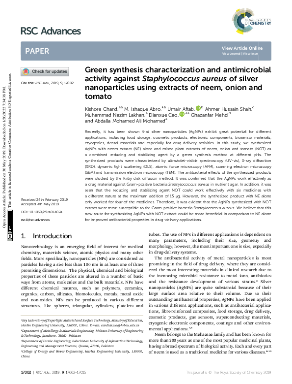 (PDF) Green synthesis characterization and antimicrobial activity ...