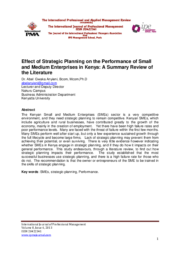 (PDF) Effect of Strategic Planning on the Performance of Small and ...