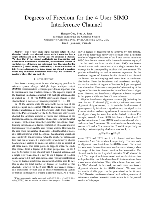 (PDF) Degrees of Freedom for the 4 User SIMO Interference Channel