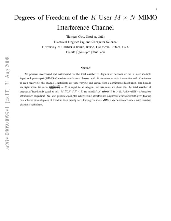(PDF) Degrees of freedom of the K user M × N MIMO interference channel