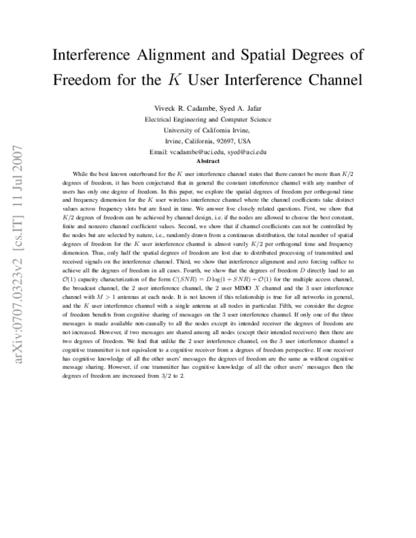 (PDF) Interference Alignment and Spatial Degrees of Freedom for the K ...