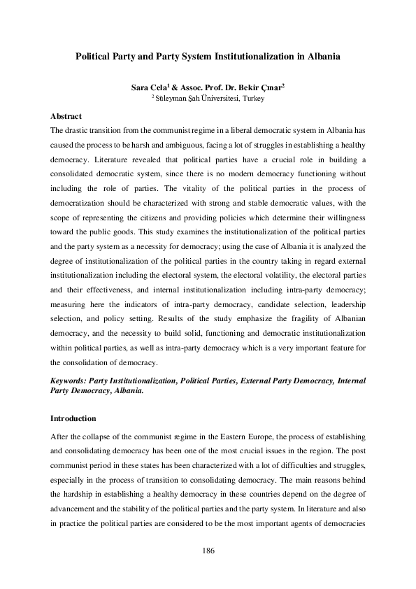 (PDF) Political Party and Party System Institutionalization in Albania