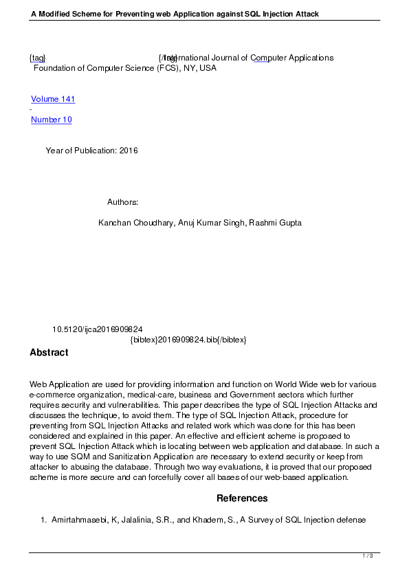 (PDF) A Modified Scheme for Preventing web Application against SQL ...