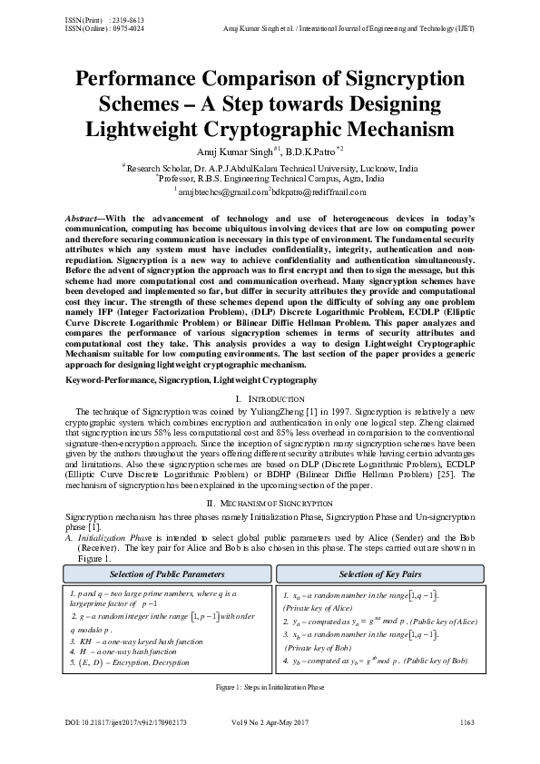 (PDF) Performance Comparison of Signcryption Schemes – A Step towards ...