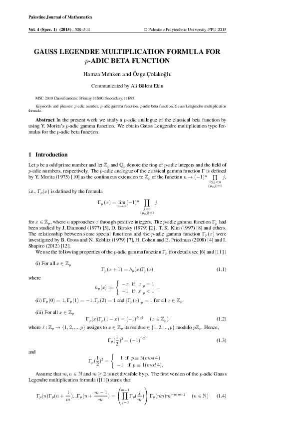 Pdf Gauss Legendre Multiplication Formula For P Adic Beta Function