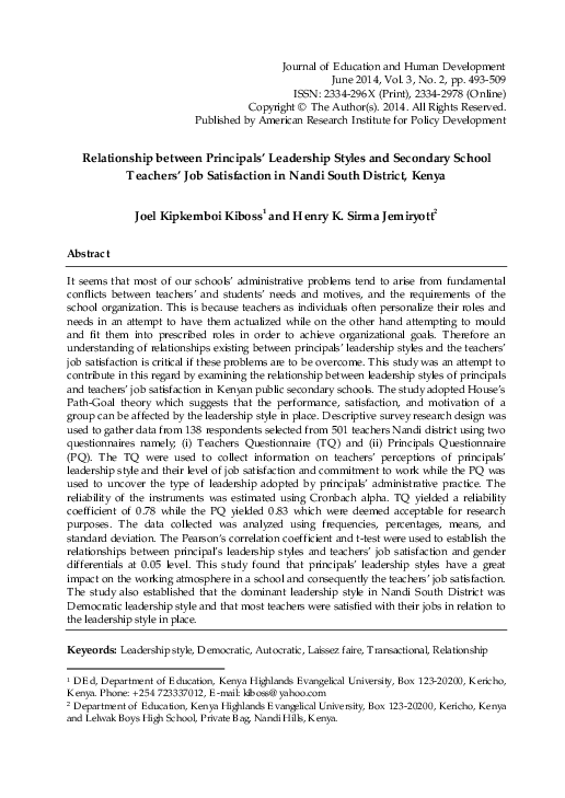 (PDF) Relationship between Principals' Leadership Styles and Secondary ...