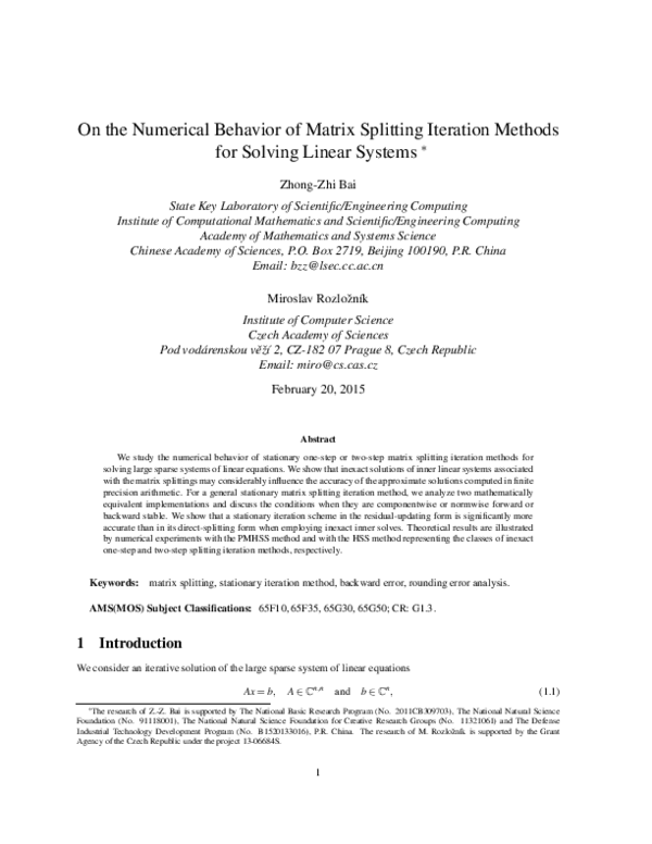 (PDF) On the Numerical Behavior of Matrix Splitting Iteration Methods ...