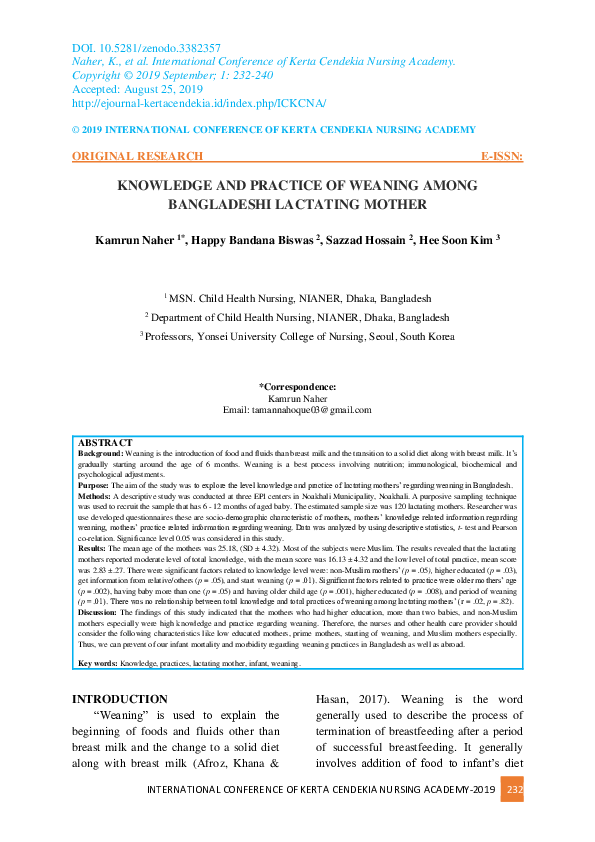 (PDF) Knowledge and Practice of Weaning Among Bangladeshi Lactating Mother