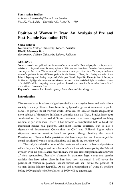 (PDF) Position of Women in Iran: An Analysis of Pre and Post Islamic ...