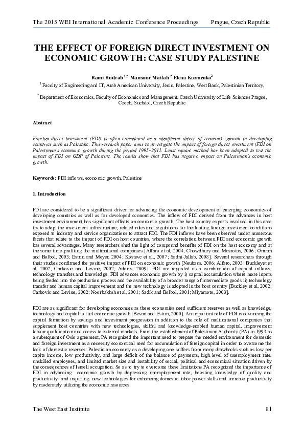 (PDF) The Effect of Foreign Direct Investment on Economic Growth : Case ...