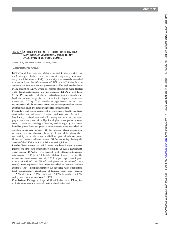 Adverse Event (Ae) Reporting from Malaria Mass Drug Administration (Mda) Rounds Conducted in Southern Zambia