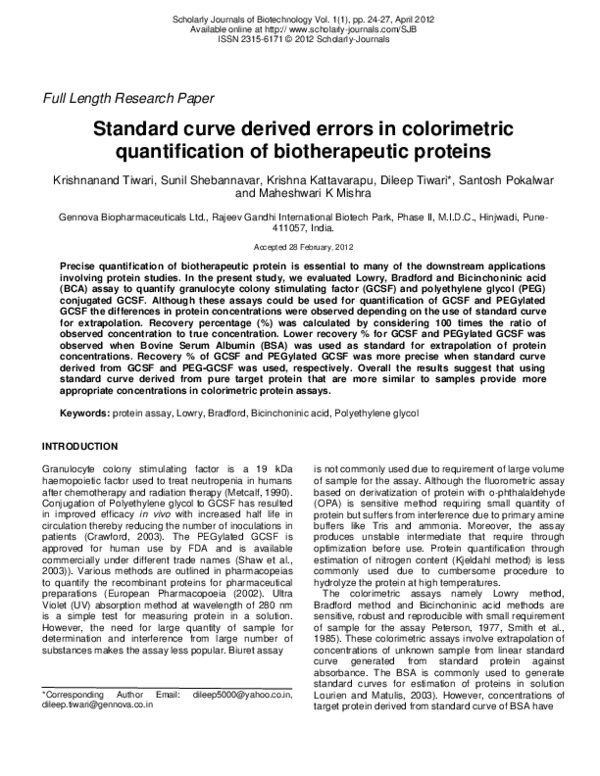 (PDF) Standard curve derived errors in colorimetric quantification of