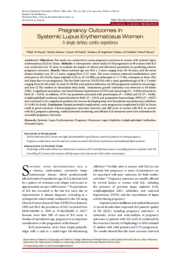 (PDF) Pregnancy Outcomes in Systemic Lupus Erythematosus Women